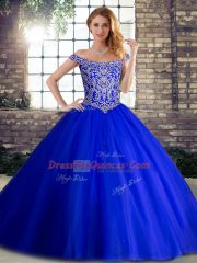 Eye-catching Tulle Off The Shoulder Sleeveless Brush Train Lace Up Beading Sweet 16 Dress in Royal Blue