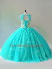 Custom Design Tulle Sleeveless Floor Length Vestidos de Quinceanera and Beading