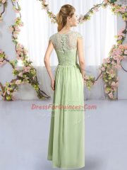 Luxury Yellow Green Empire Lace Damas Dress Clasp Handle Chiffon Cap Sleeves Floor Length