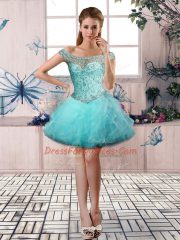 Aqua Blue Off The Shoulder Neckline Beading and Ruffles Evening Dress Sleeveless Lace Up