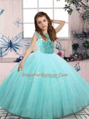 Aqua Blue Scoop Neckline Beading Little Girl Pageant Gowns Sleeveless Lace Up