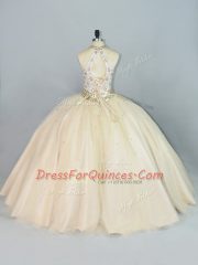 Floor Length Lace Up Sweet 16 Dress Champagne for Sweet 16 and Quinceanera with Beading