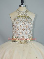Floor Length Lace Up Sweet 16 Dress Champagne for Sweet 16 and Quinceanera with Beading