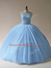 Light Blue Scoop Lace Up Beading 15th Birthday Dress Sleeveless