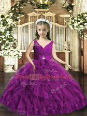 Fashion Eggplant Purple Backless Pageant Gowns For Girls Beading and Ruffles Sleeveless Floor Length