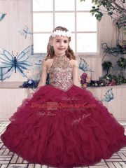 Customized Beading and Ruffles Little Girl Pageant Gowns Fuchsia Lace Up Sleeveless Floor Length