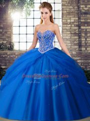 Beauteous Sweetheart Sleeveless Brush Train Lace Up Quinceanera Gown Blue Tulle