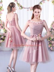 Knee Length Pink Vestidos de Damas Scoop Sleeveless Lace Up