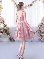 Knee Length Pink Vestidos de Damas Scoop Sleeveless Lace Up