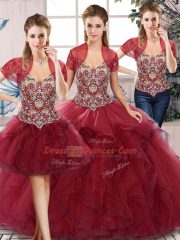 Three Pieces 15 Quinceanera Dress Burgundy Off The Shoulder Tulle Sleeveless Floor Length Lace Up