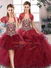 Three Pieces 15 Quinceanera Dress Burgundy Off The Shoulder Tulle Sleeveless Floor Length Lace Up