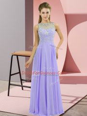 Glorious Lavender Empire High-neck Sleeveless Chiffon Floor Length Zipper Beading Prom Dress