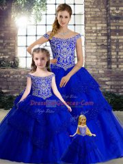 Off The Shoulder Sleeveless Tulle Quinceanera Gown Beading and Lace Brush Train Lace Up