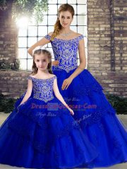 Off The Shoulder Sleeveless Tulle Quinceanera Gown Beading and Lace Brush Train Lace Up