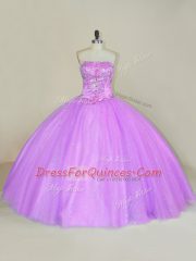 Pretty Strapless Sleeveless Tulle Quinceanera Gowns Sequins Lace Up