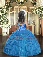 Inexpensive Sleeveless Floor Length Beading and Ruffles Lace Up Kids Pageant Dress with Baby Blue