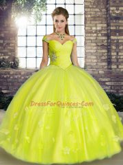 Fine Yellow Green Sleeveless Floor Length Beading and Appliques Lace Up Sweet 16 Quinceanera Dress