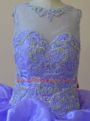 Lavender Organza Zipper Quinceanera Dresses Sleeveless Brush Train Beading and Ruffles