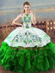 Nice Halter Top Lace Up Embroidery and Ruffles 15 Quinceanera Dress Sleeveless