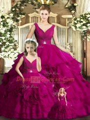 Romantic Fuchsia Ball Gowns Beading and Ruffles Quinceanera Gown Backless Organza Sleeveless Floor Length