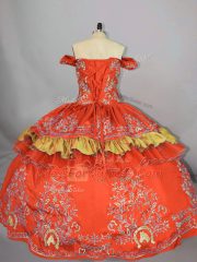 Decent Embroidery Ball Gown Prom Dress Orange Red Lace Up Sleeveless Floor Length