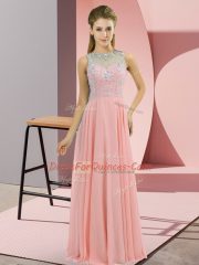 High-neck Sleeveless Homecoming Dress Floor Length Beading Pink Chiffon