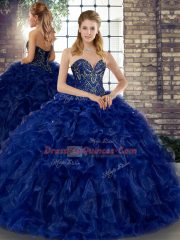 Sophisticated Floor Length Royal Blue Quinceanera Gowns Organza Sleeveless Beading and Ruffles