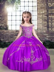 Purple Tulle Lace Up Little Girls Pageant Dress Sleeveless Floor Length Beading