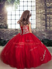 Purple Tulle Lace Up Little Girls Pageant Dress Sleeveless Floor Length Beading
