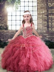 Dramatic Pink Ball Gowns Straps Sleeveless Tulle Floor Length Lace Up Beading and Ruffles Pageant Dress Toddler
