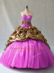 Fitting V-neck Sleeveless 15 Quinceanera Dress Brush Train Beading and Pick Ups Lilac Organza and Printed