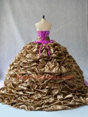Fitting V-neck Sleeveless 15 Quinceanera Dress Brush Train Beading and Pick Ups Lilac Organza and Printed