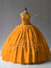Orange Ball Gowns Halter Top Tulle Lace Up Beading Quinceanera Dress