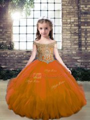 Floor Length Brown Little Girl Pageant Dress Off The Shoulder Sleeveless Lace Up