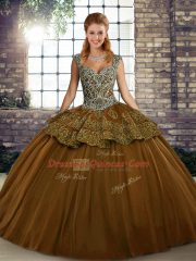 Fabulous Brown Sleeveless Floor Length Beading and Appliques Lace Up Sweet 16 Dresses