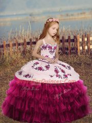 Lovely Floor Length Ball Gowns Sleeveless Fuchsia Child Pageant Dress Lace Up