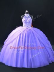 Traditional Lavender Halter Top Neckline Beading Quinceanera Gown Sleeveless Lace Up