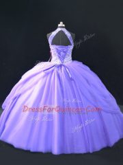 Traditional Lavender Halter Top Neckline Beading Quinceanera Gown Sleeveless Lace Up