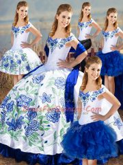 Embroidery and Ruffles Sweet 16 Quinceanera Dress Blue And White Lace Up Sleeveless Floor Length