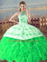 Green Halter Top Lace Up Embroidery and Ruffles 15th Birthday Dress Court Train Sleeveless