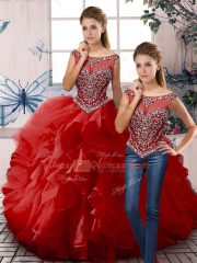 Most Popular Red Ball Gowns Organza Scoop Sleeveless Beading and Ruffles Floor Length Zipper 15 Quinceanera Dress