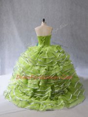 Lace Up Quinceanera Dress Yellow Green for Sweet 16 and Quinceanera with Appliques and Ruffles Brush Train