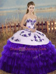 Attractive Sleeveless Organza Floor Length Lace Up Ball Gown Prom Dress in White And Purple with Embroidery and Ruffled Layers and Bowknot