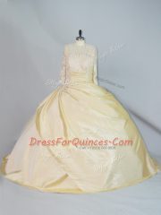 Affordable High-neck Long Sleeves Quince Ball Gowns Brush Train Lace Yellow Taffeta