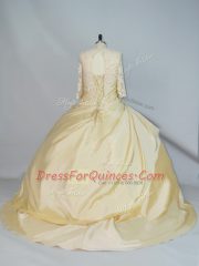 Affordable High-neck Long Sleeves Quince Ball Gowns Brush Train Lace Yellow Taffeta