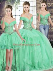 Great Off The Shoulder Sleeveless Lace Up Ball Gown Prom Dress Apple Green Tulle