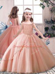 Enchanting Peach Off The Shoulder Lace Up Beading Pageant Gowns For Girls Sleeveless