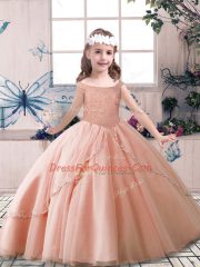 Enchanting Peach Off The Shoulder Lace Up Beading Pageant Gowns For Girls Sleeveless