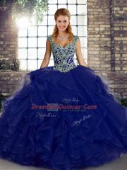 Fitting Straps Sleeveless Tulle Quinceanera Gown Beading and Ruffles Lace Up