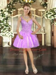 Lilac Ball Gowns Tulle V-neck Sleeveless Beading and Ruffles Mini Length Lace Up Prom Dresses